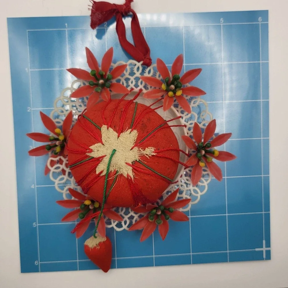 Vintage Florart Pin Cushion Plastic Lace Floral Decoration Made in Hong Kong